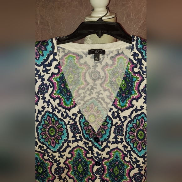 Talbots Woman's Sz XS Petite Geometric Pattern Colorful Flower Cardigan Sweater - Picture 5 of 8